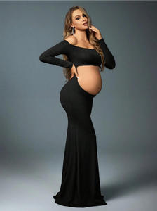 Abito da Maternità per Servizio Fotografico, Traspirante, <span class=keywords><strong>Estivo</strong></span>, a Maniche Lunghe, con Pancia Scoperta, Lunghezza al Pavimento, Stile Sirena, Aderente, alla Moda, Tinta Unita - Product Image 4