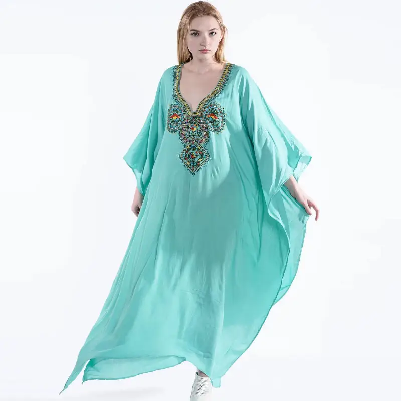 Robe de plage brodée, col en V, bleu, Kaftan, ample, vêtements de plage, cover-ups, nouvelle collection, 2020