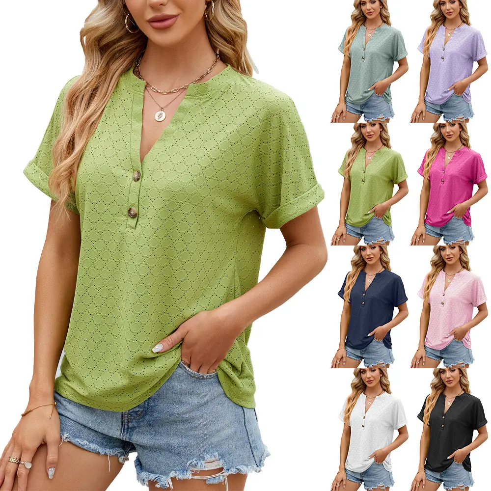 T673 Shirts Shirt Tops Blouse Cotton Women Dress Beautiful Ladies Short Sleeve V Neck Collared Button Down Trade Assurance 2PCS