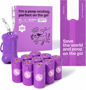 Rouleaux de recharge pour sacs à déjections canines parfumés à la lavande avec poignée, sacs à déjections pour animaux de compagnie extra épais, anti-fuites, grande taille avec support - Product Image 1