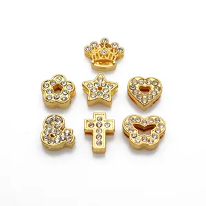 8mm Golden Color Rhinestone Sliders Charms Crystals Crown Heart Flower Star Cross Butterfly Charms Fit DIY Jewelry Making