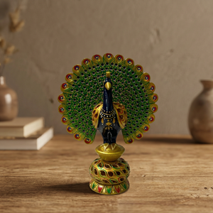 Figura de Pavo Real de Madera Pintada a Mano Estilo Bohemio Tradicional |   Estatua de pájaro india tallada con motivos calados de Rajasthan para decoración del hogar - Product Image 3