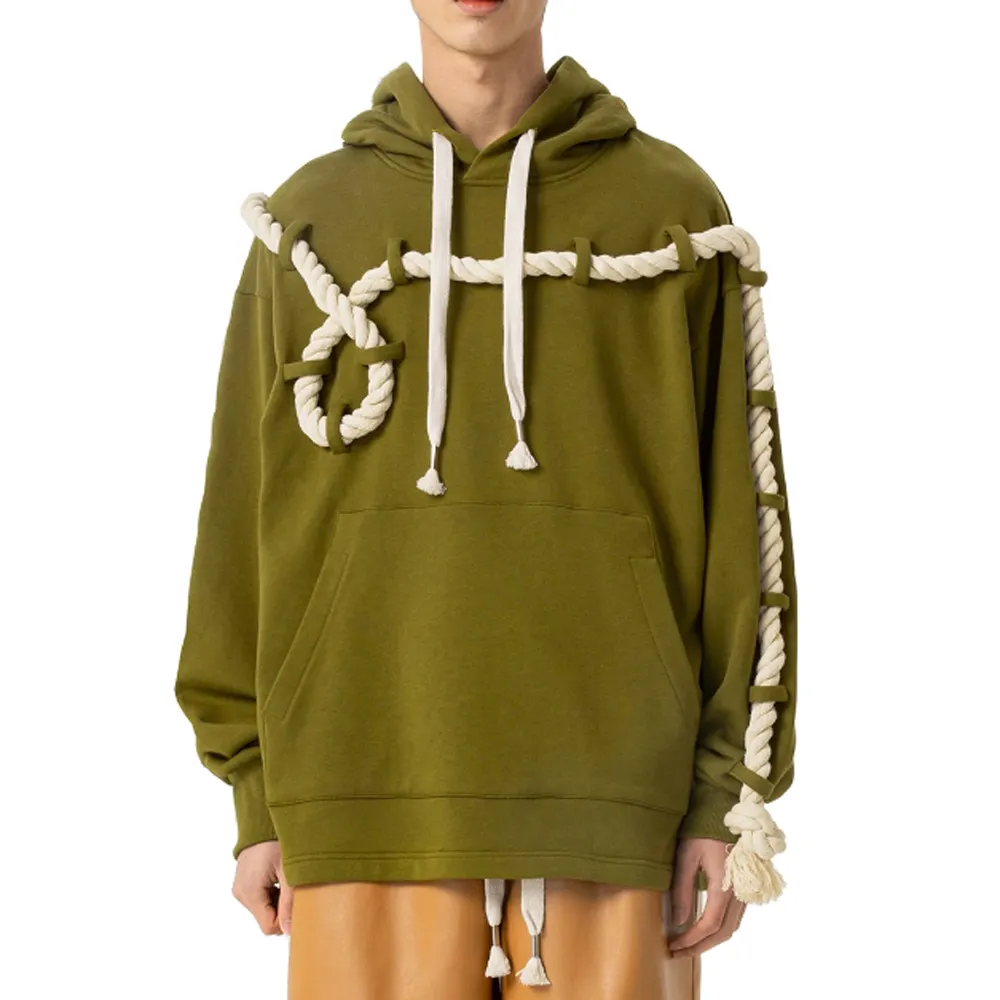 Vestuário fábrica destacável grossa cânhamo corda malha hoodie grosso cordão removível pullover hoodie para homens