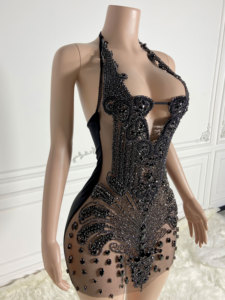 Ocstrade Listo para Enviar - Contacta Antes de Ordenar Vestido Mini Sexy de Malla Transparente <span class=keywords><strong>con</strong></span> Cuello Halter y Pedrería Negra para Fiesta Nocturna de Mujer - Product Image 4