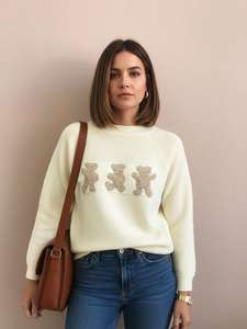 Trending Anti-Wrinkle Casual Teddy Bear White Sweater for Coffee Date and Daily Outfit Soft Texture Knitted Pullover <strong>Jumper</strong> Top - Product Image 3