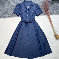 OEM Custom Damen Thin Denim Shirt Midi Kleid mit Taschen Krawatte Taille Tunika Kurzarm Jean Kleid Casual Retro Office Kleid