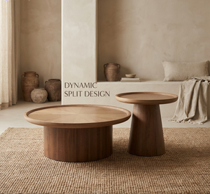 <strong>Nesting</strong> Travertine Effect MDF Coffee <strong>Table</strong> Set of 2 Modern Round Japandi <strong>Center</strong> <strong>Table</strong> Living Room Furniture Wholesale - Product Image 2