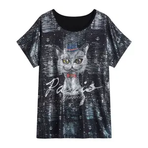 Camiseta plus size personalizada com gola redonda, camiseta feminina com estampa de gato, camiseta feminina solta e empilhada, novidade da moda verão primavera