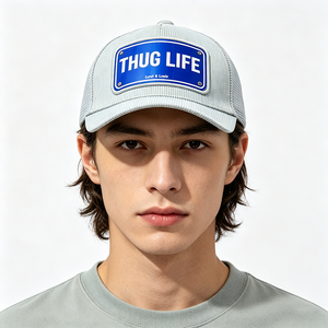 Casquette Trucker en Velours Côtelé Gris avec Dos en Maille Respirante, Patch Brodé THUG LIFE, Style Décontracté Hip Hop, Idéale pour le Sport et les Activités de Plein Air - Product Image 1