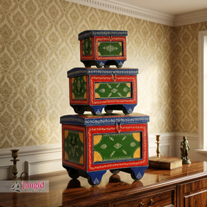 Indian <b>Wooden</b> Rajasthani Hand Painted Set of 3 Trunk <b>Boxes</b> Ornaments Storage Box <b>Small</b> Cloth Organizer For Living Room - Product Image 3