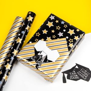 MAYPLUSS Graduation Gift <b>Wrap</b> 17in x 120in Black Gold Foil Stars Stripes Caps Party Craft Packaging <b>Paper</b> - Product Image 6