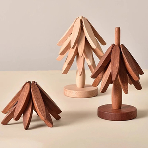 4pcs Tree Shape Wooden Trivet Set Halloween Christmas Coasters for Teapot & Pots Insulation Hot Dish Mat & Pad