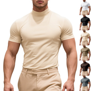 T-shirt da uomo a maniche corte tinta unita estiva 2026, casual, aderente, a collo alto, sottile, strato base - Product Image 1
