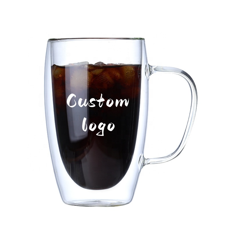 Wholesale customized logo large 350ml clear borosilicate insulated double wall glass coffee tea cups mugs with handle