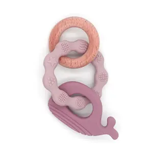 Whosale硅胶山毛榉鲸鱼牙胶婴儿出牙棒可连接婴儿出牙玩具食品级舒适婴儿出牙玩具