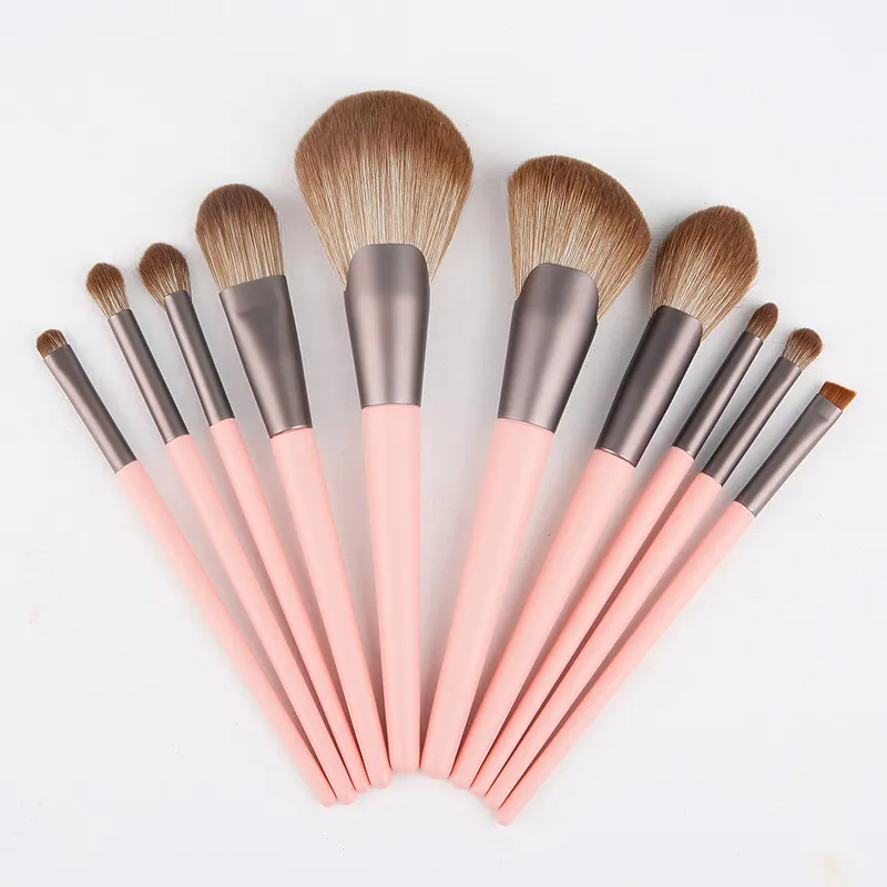 Cosmetic Wood Handle Makeup Brush Set Pink Synthetic Hair For Ladies Makeup Tools