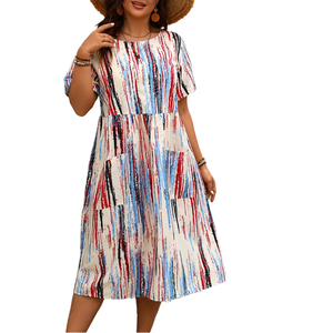 เดรสลำลองไซส์ใหญ่สำหรับฤดูร้อน เอวธรรมชาติ ทรงหลวม ทรงเอ แขนสั้น ผ้าระบายอากาศดี ลายทางสีตัดต่อ มีกระเป๋า - Product Image 1