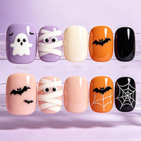Faux ongles carrés courts à presser, thème Halloween, style momie, avec yeux de dessin animé à motifs animaliers, bandages, fantômes et toiles d'araignée