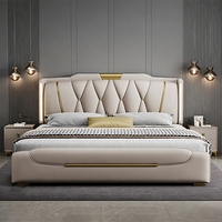 Lit en cuir gris haut de gamme italien, lit king-size moderne avec rangement luxueux, cadre de lit minimaliste en bois éclairé, ensemble de lit queen-size