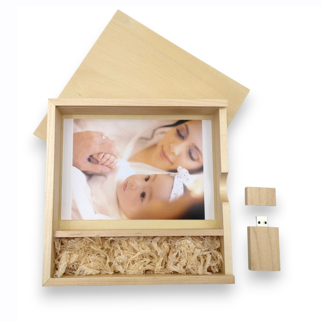 OEM Cle Walnut Maple Wooden Album Box 4*6 Inch Photo Printing USB Package Box with Acrylic Cover Wooden USB Flash Drives