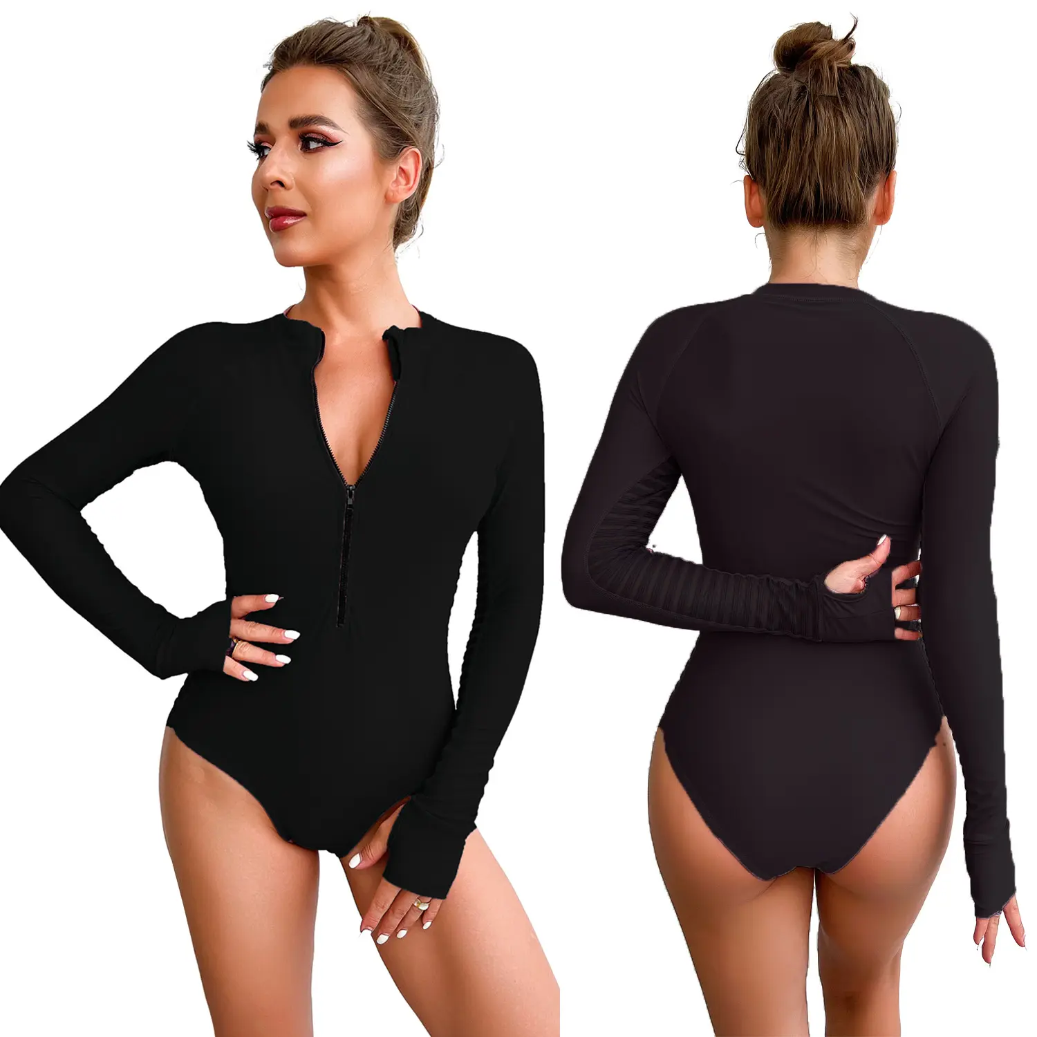 wholesale high quality custom swimwear with logo active wear pink black colors long sleeve swimwear women one piece swimsuits