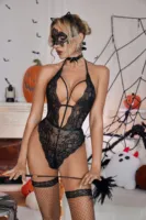 Conjunto de lencería sexy de encaje con orejas de gato, máscara para ojos, halter, teddy, espalda en V y abertura, disfraz de Halloween para mujer, transpirable, ODM, EE. UU.