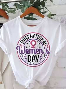 T-shirt casual bianca da donna a maniche corte con stampa grafica per la Giornata Internazionale della Donna, girocollo, vestibilità comoda, 100% cotone - Product Image 3