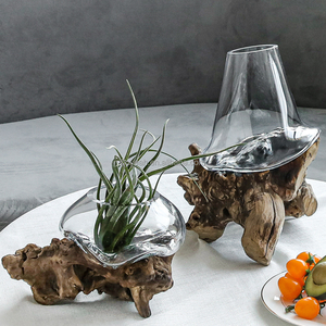 Vase hydroponique transparent vintage en verre soufflé à la main avec base en bois de racine, aquarium pour plantes aquatiques, ornement de table - Product Image 3