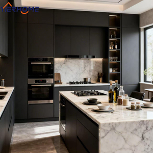 Armadi da <span class=keywords><strong>cucina</strong></span> moderni minimalisti a forma di U neri opachi con piano di lavoro bianco | Custom Design e integrazione di - Product Image 2