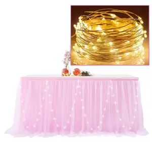 6ft Pink Tulle Table Skirt for Rectangle or Round Tables with LED Lights Tutu Table Skirts Birthday Party Decorations