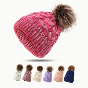 2022 New Product Stretchy Cable Baby Earflaps Hats Knitted Pom Pom Beanie Kids Winter Hat For Children