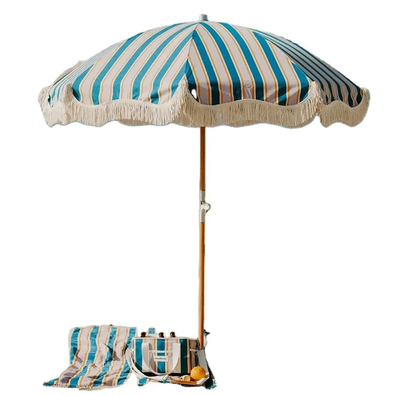 8 pies de lujo bohemio patio borla vintage playa paraguas poste de madera lona de algodón tejido logística Suhai playa paraguas