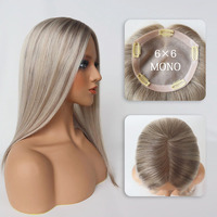 Topper capillaire blond cendré en cheveux humains naturels de 16 pouces, grande base mono 6x6, sans frange, pour femmes souffrant de perte de cheveux
