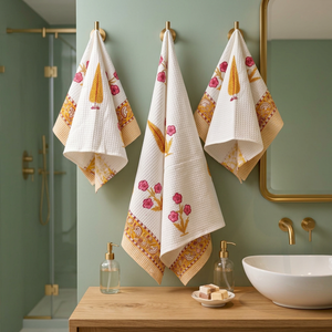 Organic Cotton Waffle <b>Bath</b> <b>Towel</b> <b>Set</b> Floral Embroidered Quick Dry Rectangle <b>Towel</b> <b>Set</b> for Home Bathroom - Product Image 2