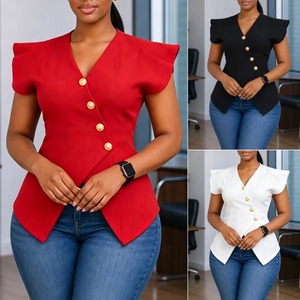 D3376 Maßgeschneiderte Sommerblusen für Damen Elegante Kurze Rüschenärmel V-Ausschnitt Schlanke Blusen Damen Büro-Oberteile für Frauen - Product Image 2