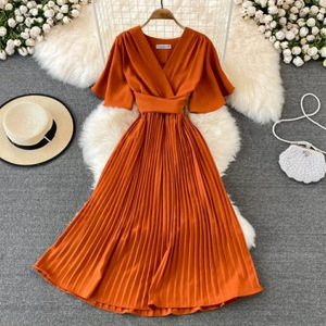 Verano nuevo estilo cuello en V <span class=keywords><strong>Vestido</strong></span> <span class=keywords><strong>de</strong></span> manga corta rodilla-adelgazamiento plisado elegante Ladylike cintura-ceñido con cordones grandes vestidos casuales - Product Image 3