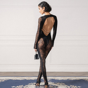 Combinaison dos nu en dentelle pour femme, taille haute, manches longues, transparente, pour soirée, avec chaîne de fausses perles, design sans couture - Product Image 1