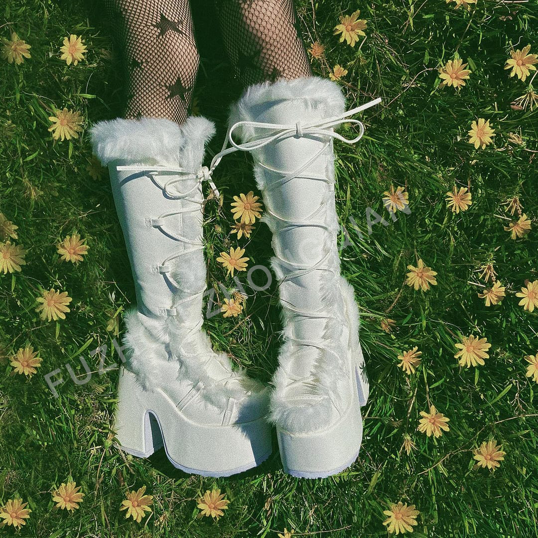 Designer Y2K Punk Chunky Plus Size Lace up Zippers Boots
