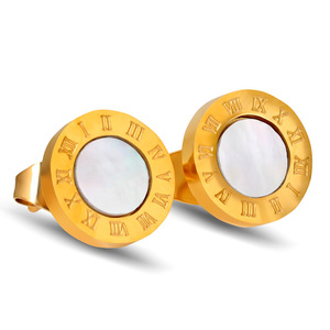 Gold Steel <b>Stud</b> <b>Earrings</b> 10mm Round Pearl Inlay Roman Numerals Bezel Setting For Women Fashion Jewelry - Product Image 1
