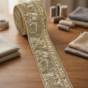 Opulent <b>Gold</b> Floral Motif Beaded Lace Trim Vintage Pearl Sequin Embroidery Border Handwork Laces for Royal Bridal Wear & Couture - Product Image 3