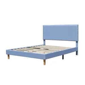 American Style Cheap Price Blue Linen Fabric Headboard Adjustable Double Queen King Size One Carton Package Bed Frame