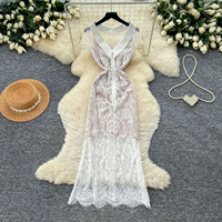 Robe midi élégante pour femme, col à revers, col en V, manches courtes, dentelle florale, coupe ajustée, pour soirée cocktail d'été