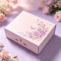 Boîte cadeau de luxe violette et rose à motifs floraux et papillons, boîte rigide à rabat avec logo personnalisé et fermoir métallique, emballage cadeau pour cosmétiques et soins de la peau