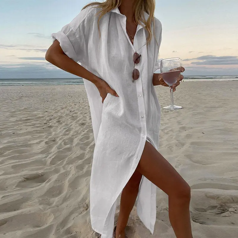 New Cotton Linen Long Robe Dress Women Summer Short Sleeve Casual Shirt Dress Solid Color Y2K Lady Beach Dress
