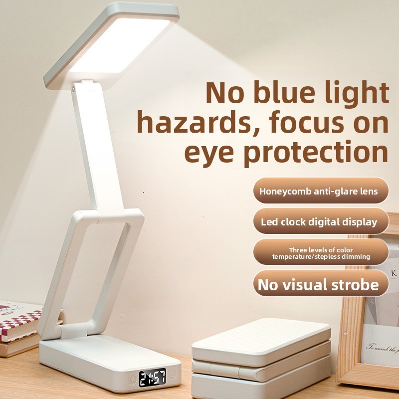 Battery Full-spectrum Eye-protecting LED Folding Clock Display Desk Light-Emitting Diode Reading Power Rechargeable Study Lamp