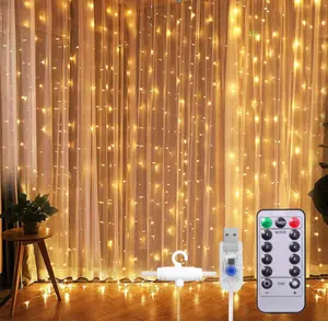 Светильник для оконных занавесок, гирлянды с дистанционным управлением, питание от USB, водонепроницаемый, Рождественский, 8 режимов, 3x3 м, 300 светодиодов