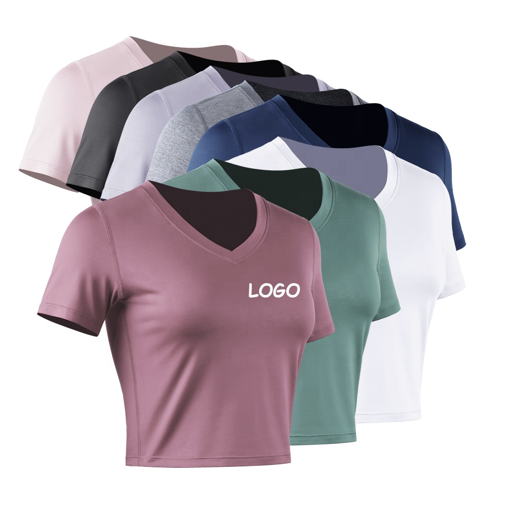 Custom Logo Fitness Yoga Wear 8 Colors Women's T-shirts Spandex V-neck Sports Workout Crop Top Women Gym Quick Drying T Shirt