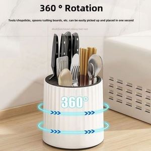 Support de cuisine multifonctionnel rotatif pour couteaux avec porte-cuillères, fourchettes et baguettes intégré pour rangement des ustensiles - Product Image 4
