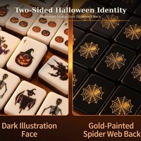 Juego de Mahjong Americano de Halloween con Caras Ilustradas, Reverso de Telaraña Negro Mate y Construcción Acrílica de 3 Capas