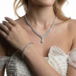 White <b>Bridal</b> <b>Jewelry</b> <b>Set</b> Zircon Necklace Earrings Ring Bracelet Vintage XOXO Platinum Plated Wedding Party Gift for Women BEST - Product Image 1